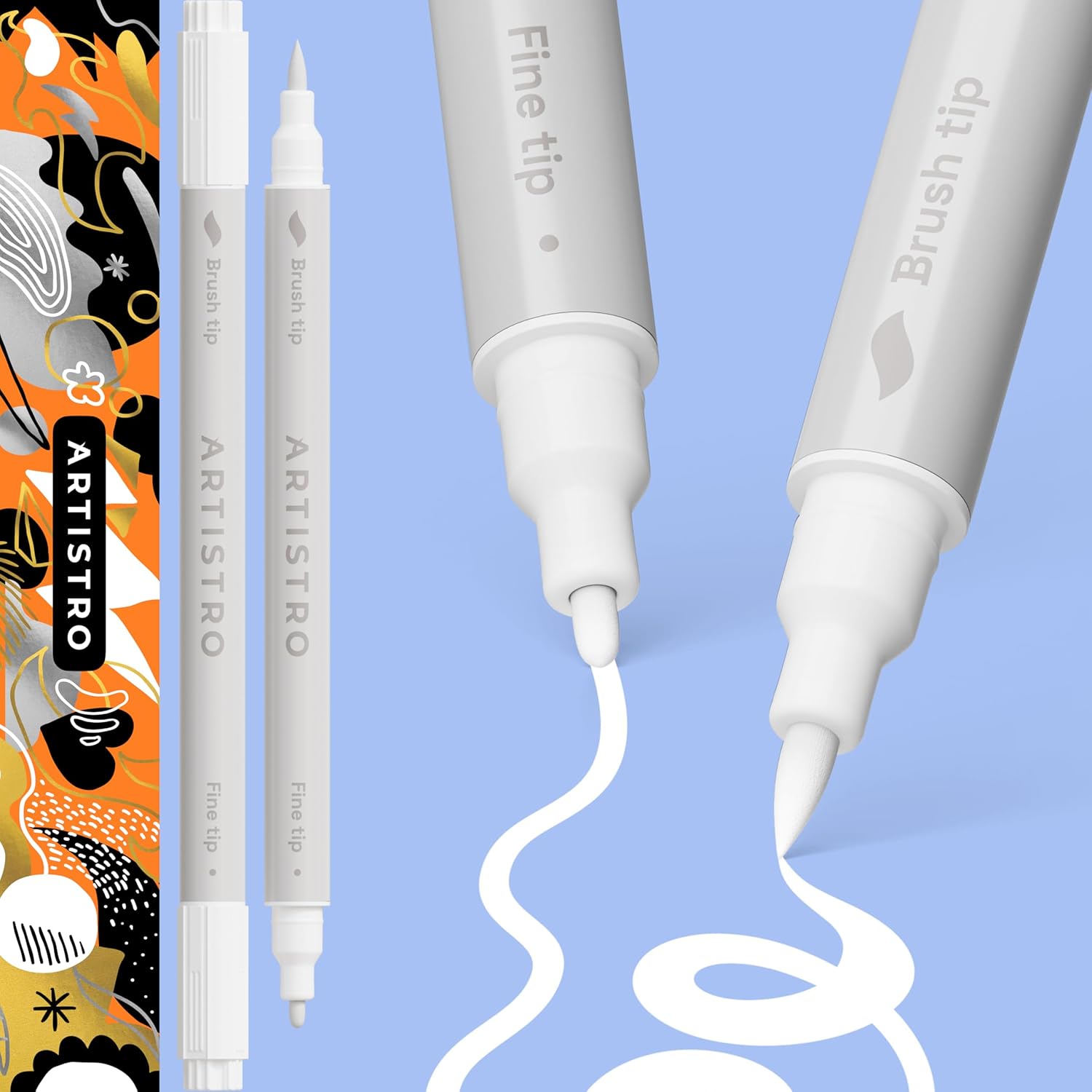 ARTISTRO 2 White Dual-Tip Acrylic Paint Pens - Multisurface Markers for Glass. Rock. Fabric. Wood. Plastic & More - 1 mm Fine & Brush Tips