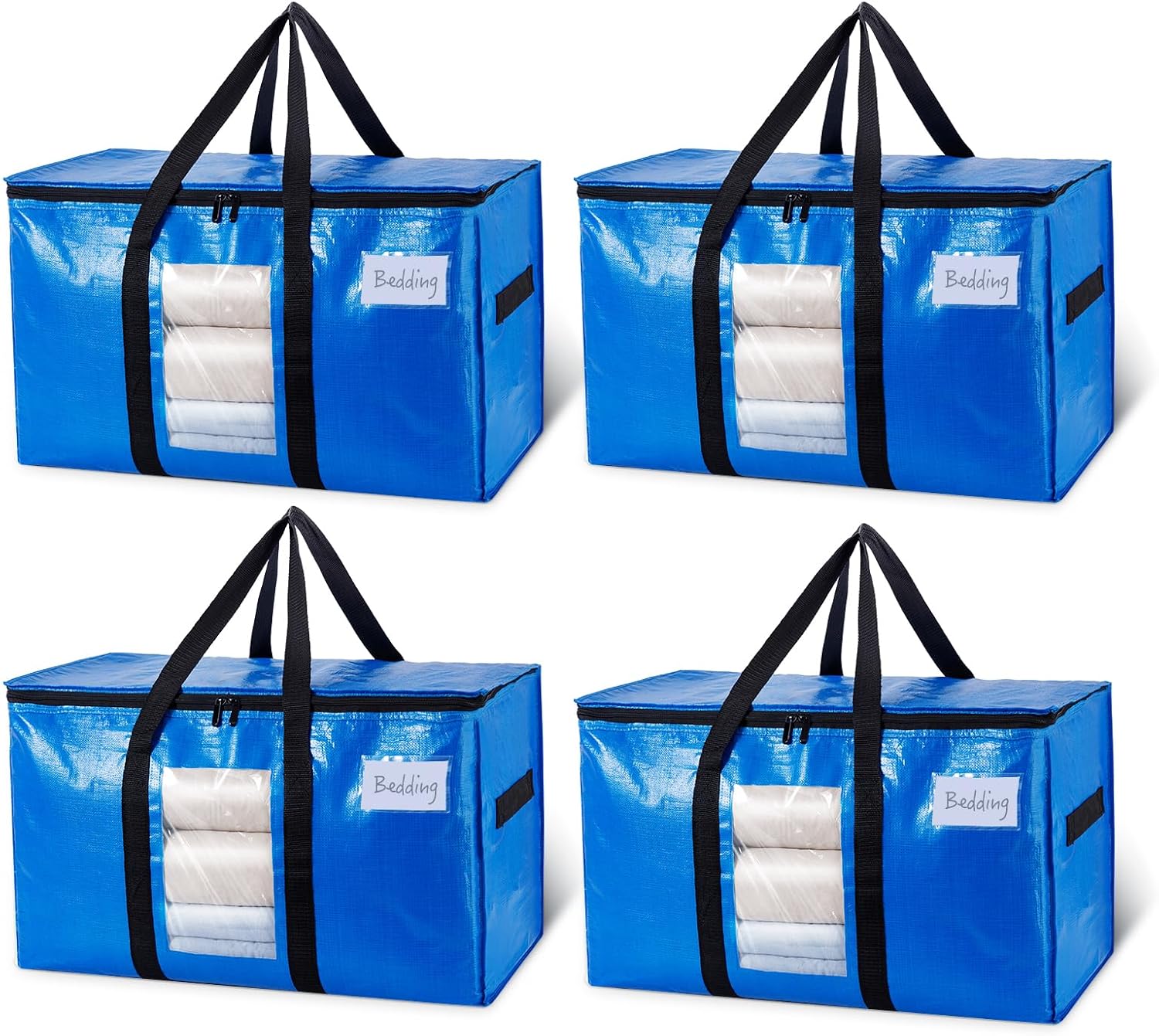 TAILI Extra Large Moving Bags. 4 Pack Blue Heavy Duty Totes For Storage with Visible Window. Wrap Around Handles. Storage Bags for Space Saving. Alternative to Moving Boxes