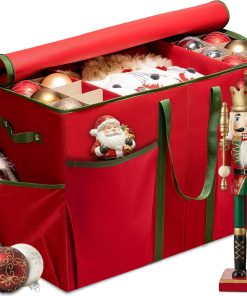ZOBER Large Christmas Ornament Storage Box - Stores 80 3 Ornaments. With Dividers - With Large Compartment for Figurines. and Accessories. Durable Christmas Containers Holder (Red. 80-3 Ornaments)