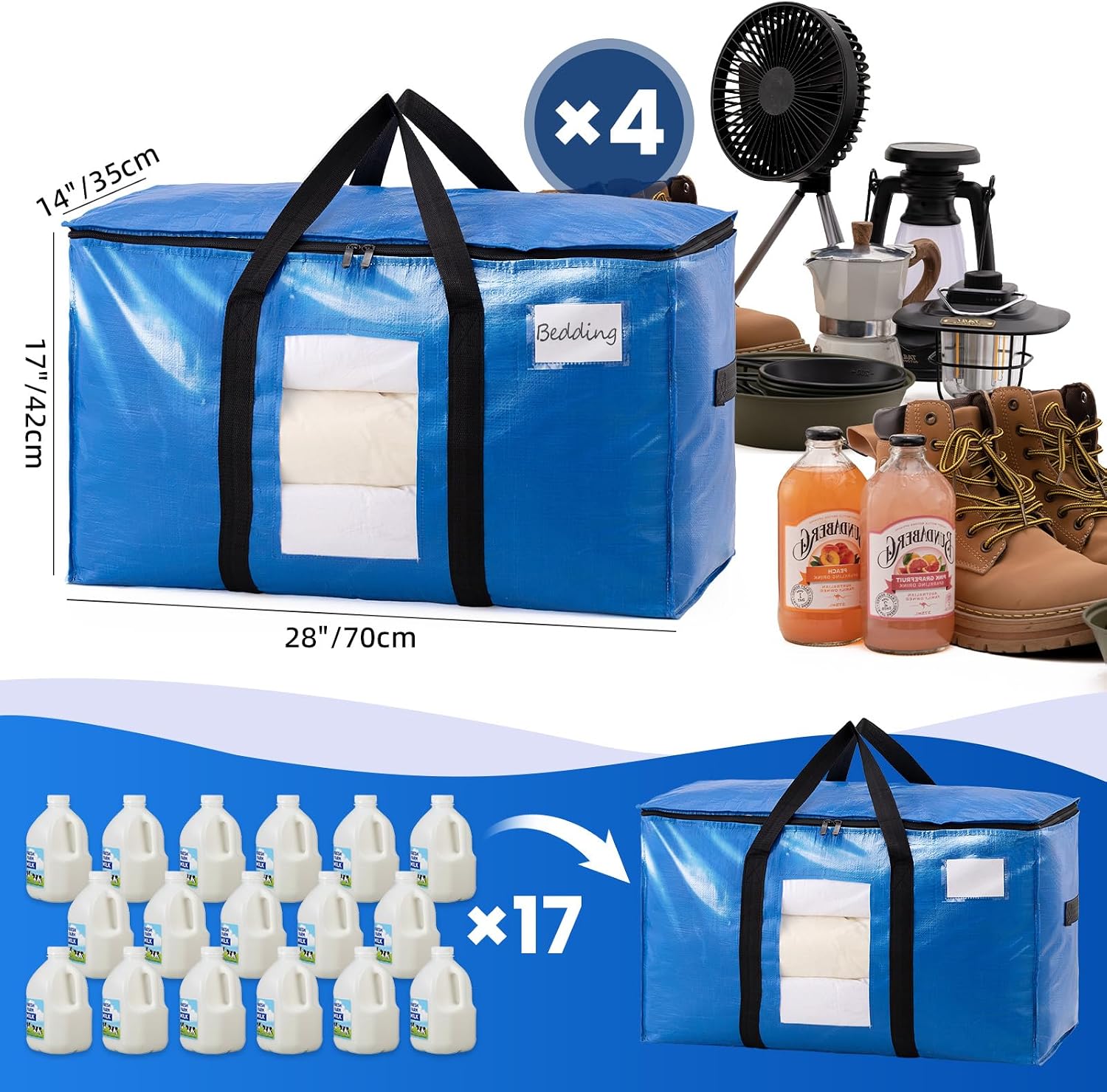 TAILI Extra Large Moving Bags. 4 Pack Blue Heavy Duty Totes For Storage with Visible Window. Wrap Around Handles. Storage Bags for Space Saving. Alternative to Moving Boxes - Image 6