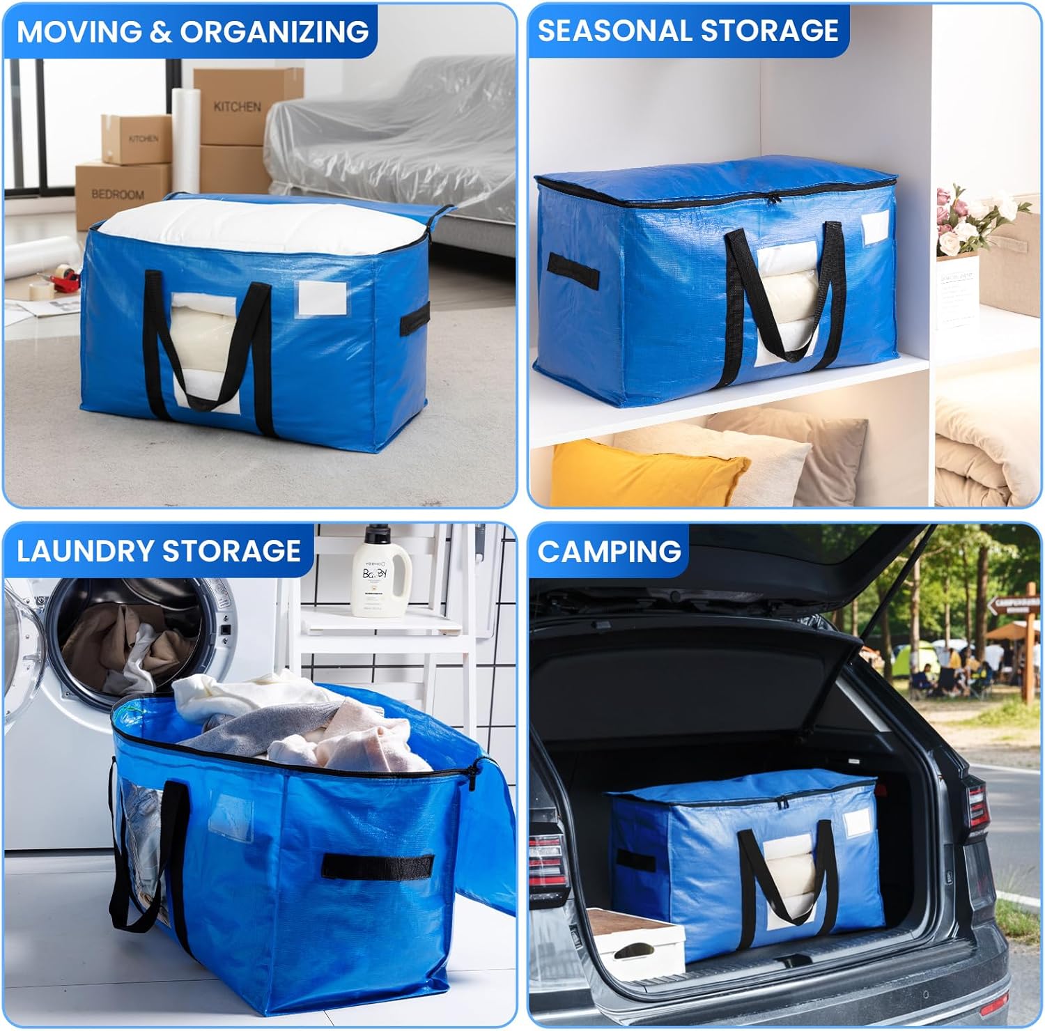 TAILI Extra Large Moving Bags. 4 Pack Blue Heavy Duty Totes For Storage with Visible Window. Wrap Around Handles. Storage Bags for Space Saving. Alternative to Moving Boxes - Image 9
